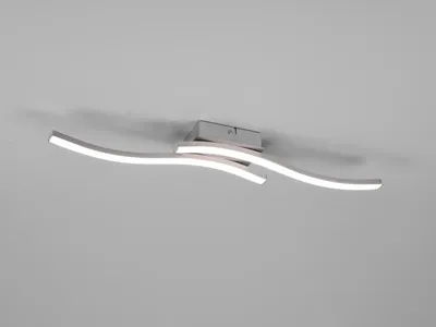 A modern LED ceiling light with a silver metal base and two curved white light elements, mounted on a light gray ceiling.