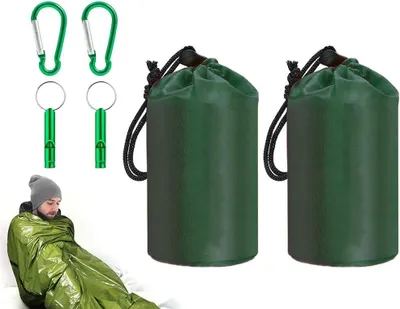 Produktbild von 2er-Set Überlebensschlafsäcke mit Pfeife und Karabiner, tragbare Thermoschlafsäcke