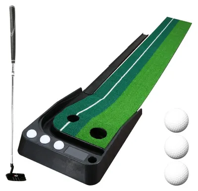 Produktbild von Eikuavons Putting Trainer Indoor 250 cm, Golf Trainingsmatte mit 2 Ziellöchern und Ballrücklauf, inkl. Putter und 3 Golfbällen für Zuhause und Büro