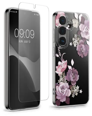 Produktbild von kwmobile Hülle kompatibel mit Samsung Galaxy S26 Handyhülle - Silikon Case transparent - Mit Glas Schutzfolie - Blumenblüten und Rosen Pastelllila