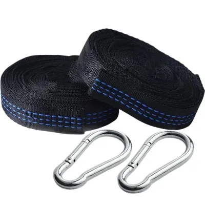 Image de Kit de fixation pour hamac et balançoire, kit de suspension pour arbre, 3 mètres x 2,5 cm, charge max. 300 kg, 16 boucles, 2 mousquetons, pour le camping, la randonnée, les activités de plein air et les voyages