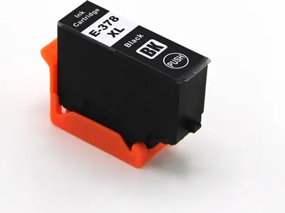 A black ink cartridge with an orange holder against a white background.