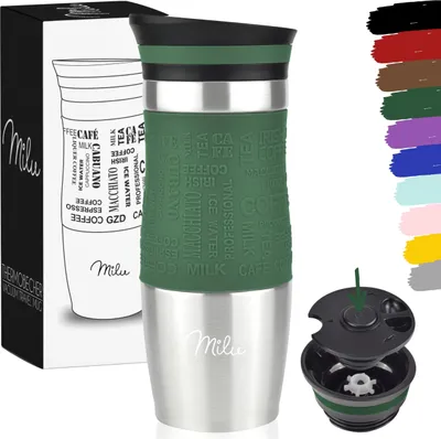 Produktbild von Milu Thermobecher Kaffee to go, 370ml Isolierbecher Kaffeebecher - 100% Auslaufsicher - Trinkbecher Edelstahl - Autobecher doppelwand Isolierung, Oliv