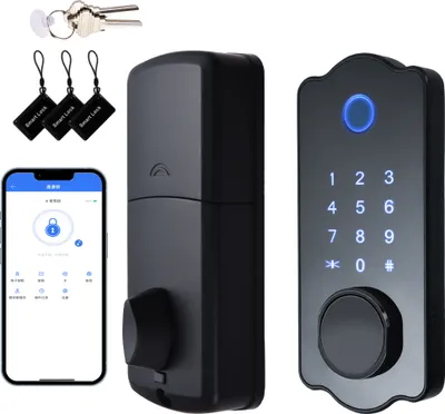 Produktbild von Intelligentes Tuerschloss mit schluessellosem Zugang, wasserdichtes automatisches Schloss, 5-in-1-TTlock-App, IC-Karte, 150 Codes, elektronisches Fingerabdruck-Tuerschloss mit Griffhebel-Set fuer die Vordertuer