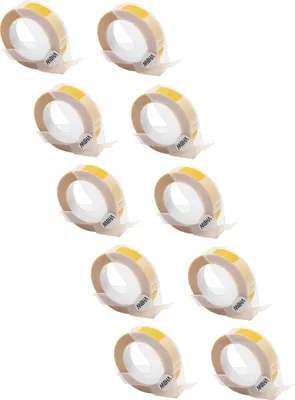 Produktbild von vhbw 10x 3D Prägeband-Schriftband-Kassette kompatibel mit Dymo 1855, 18577, 1610, 1745, 1755, 1765, 1805 Etiketten-Drucker 3m x 9mm Weiß auf Gelb