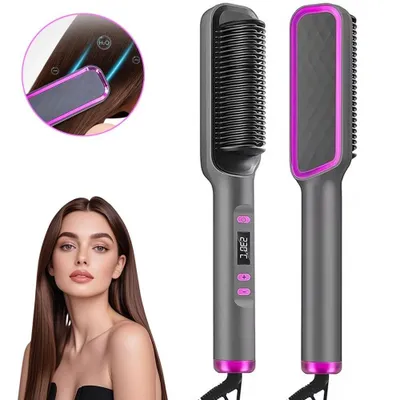 Produktbild von Glättbürste, Verbrühungsschutz Glätteisen, Glättungskamm verhindert Haarziehen, Professioneller Haarglätter zum Glätten, 80-230°C, Schwarz
