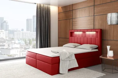 Produktbild von Bett mit 2 Bettkästen , ALDEN Boxspringbett , Pocket Matratze und Topper , Doppelbett Polsterbett , LED , H3 ( 140x200 cm , Rot - Kunstleder - Soft 10 )