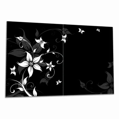 Produktbild von Wallario Herdabdeckplatte aus Glas, Größe 80 x 52 cm 2-teilig, Motiv Blumenranke in Schwarz-Weiß
