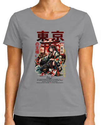 Zdjęcie produktu dla Koszulka damska "Cherry Blossom King Tokyo Anime Girl Japan Y2K Harajuku Manga", kolor: szary, rozmiar: S