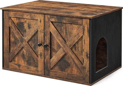 Image de FEANDREA Bac à litière, maison pour chats, avec portes, vintage marron-noir