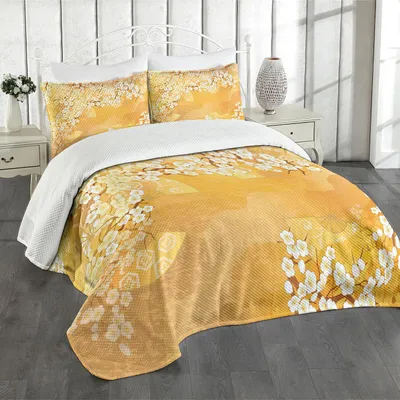 Produktbild von ABAKUHAUS asiatisch Tagesdecke Set, Japanische Kirschblüte Sakura Baum Blüten Ethnisches Handfächer Muster, 264 x 220 cm, Ringelblume Creme
