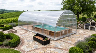 Obrázok produktu pre Krycia plachta na bazén od firmy Garten Dream "Grand Oasis" 4x10M so 4mm polykarbonátom Celoročné použitie. Odolný voči snehu a vetru. Dvojité dvere. Ochrana proti hrdzi