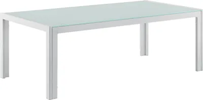 A white outdoor coffee table with a light blue glass top, shown from a slightly elevated side angle against a white background.