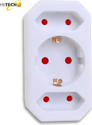 A white electrical adapter with three sockets and red safety covers.