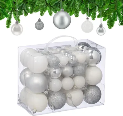 Image de Lot de 50 boules de Noël Relaxdays, décorations de Noël, mates, brillantes, pailletées, boules de sapin ∅ 3, 4 et 6 cm, argent/blanc