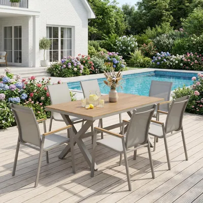 Produktbild von Gartenmöbel Set WINDY mit 1 Tisch und 6 Stühlen aus Alu und WPC in Kaschmir - Esstisch Set in Holzoptik, Stühle mit Netz witterungsbeständig bespannt, Gartensitzgruppe