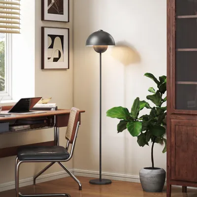 Produktbild von Moderne Bogenlose Stehlampe Grau aus Metall 155cm – Designer Standleuchte mit rundem Schirm, Fußschalter & E27 Fassung für Wohnzimmer & Schlafzimmer.