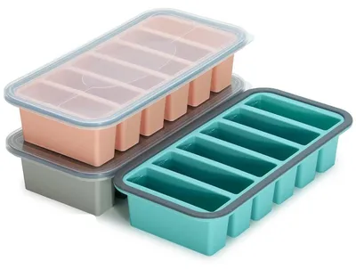 Immagine prodotto di Stampo in silicone per congelatore con coperchio, set da 3 contenitori per congelatore, 6 scomparti da 150 ml ciascuno, senza BPA, impilabili