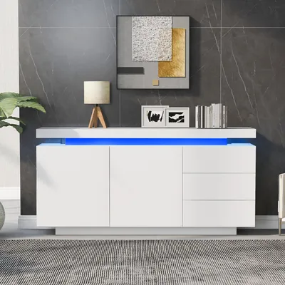 Produktbild von Sideboard weiß, Hochglanz, grifflos, LED, 2 Türen, 3 Schubladen, 140x35x72,5 cm, für Wohnzimmer & Flur