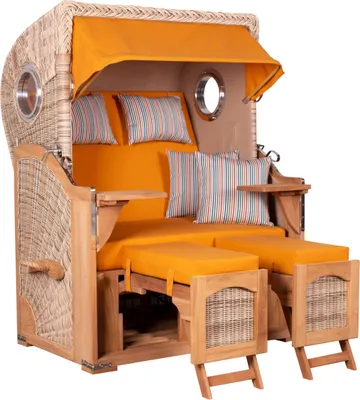 Produktbild von Strandkorb wetterfest Düne Teak Shell 2-Sitzer mit Bullaugen & PE-Geflecht Volllieger