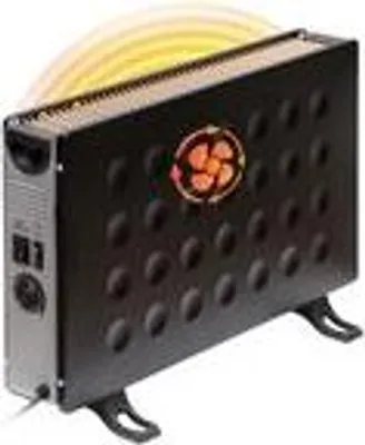 A black portable electric heater with a logo and yellow heat waves emanating from the top.