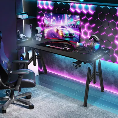 Zdjęcie produktu dla Stół do gier LZQ z nogami w kształcie litery M, oświetleniem LED, funkcją RGB, powierzchnią z włókna węglowego, pilotem, uchwytem na kubek i słuchawkę, 160 cm, czarny