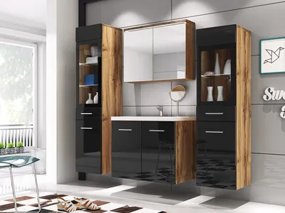 A modern bathroom vanity set with a sink, mirror, and storage cabinets.