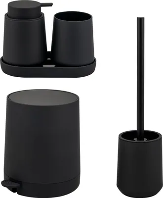 Produktbild von eluno Bad-Set TESERO 5tlg. mit Seifenspender, Becher, Schale, Kosmetikeimer 4 Liter und WC-Garnitur aus Kunststoff in Schwarz