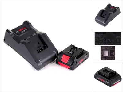 A Bosch battery charger and battery are displayed on a white background.