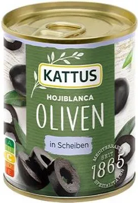 Produktbild von KATTUS Hojiblanca Oliven in Scheiben, geschwärzt, säurearm