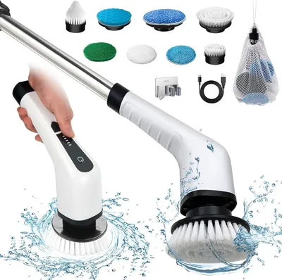 Immagine prodotto di Spazzolone elettrico - Pulitore senza fili - Ideale per la pulizia del bagno - Manico regolabile - 8 spazzole intercambiabili - Bianco