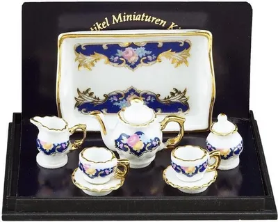 Produktbild von Teeset Baronesse Royal Blue Miniatur aus Porzellan mit Goldrand