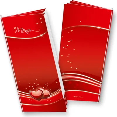 Produktbild von Menükarten Hochzeit Liebe (8 Stück) - hinreissendes Set mit Klappkarten, Einlegeblätter zum Selbstbedrucken + weiße Bänder