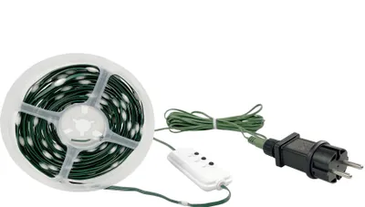 A roll of green LED lights with a power cord and plug on a white background.