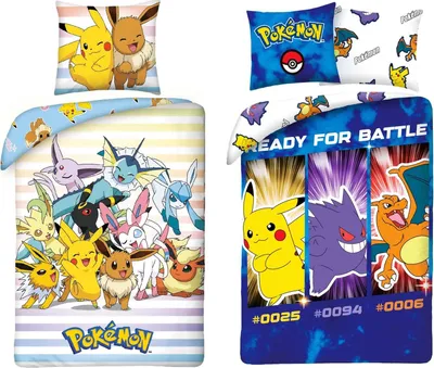 A collage of Pokemon-themed bedding sets, featuring various Pokemon characters like Pikachu, Eevee, Vaporeon, and Charizard.
