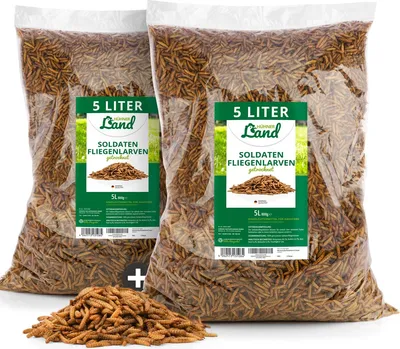 Produktbild von HÜHNER Land Feinkost Soldatenfliegenlarven getrocknet 2 x 5 Liter I Ganze Larven I Ziergeflügelfutter ohne Zusätze I Für Ziergeflügel & Reptilien, 2er Set