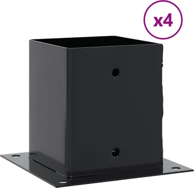 A black metal post base with a square opening and a flat base plate with mounting holes.