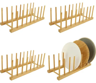 Produktbild von 4-teiliges Tellergestell aus Holz, 8 Fächer, Tellerhalter aus Holz, Abtropfgestell, Tellerhalter aus Bambus, Tellergestell, Halter für Teller, Schneidebrett, Topfdeckel, Schüsseln