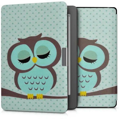 Produktbild von kwmobile Schutzhülle für Kobo Aura Edition 2 Hülle - eReader Flip Case mit Auto Sleep Funktion - Eule Schlaf mit Türkis Braun Mintgrün