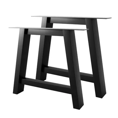Two black metal table legs in a trapezoidal A-frame style are shown against a white background.