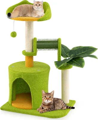 Produktbild von COSTWAY Kratzbaum klein, Katzenbaum mit Katzenhöhle, Katzenbürste, Liege, Sisal-Kratzpfosten&Ball, Katzenkratzbaum Kletterbaum 48x33x79 cm Grün+Orange