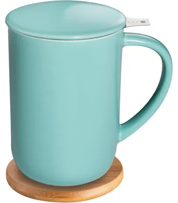 Productafbeelding van Thee beker met theefilter en deksel, 473 ml, turquoise, keramiek, bamboe