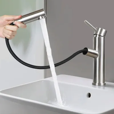 Produktbild von ZMH Wasserhahn bad Waschtischarmatur waschbecken - Ausziehbar Armaturen mit herausziehbarer brause Armatur Mischbatterie Hochdruck Kaltwasserhahn Badarmatur zugstange, Gebürsteter Nickel