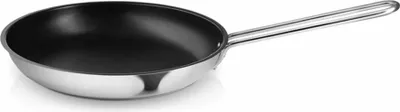 A stainless steel frying pan with a black interior is shown against a white background.