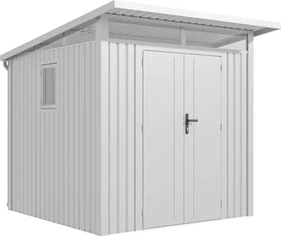 Produktbild von Rockford Gerätehaus Metall Geräteschuppen 232 x 254 cm Gartenhaus mit Pultdach inkl. Regenrohre Porto 200 Hellgrau
