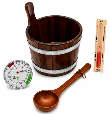 Produktbild von HAF Saunakübel Set Kambala 5 Liter Hygieneversiegelt + Saunakelle, Sanduhr & Klimamesser | Feuchtigkeitsresistenter Kübel | Qualität:  Germany