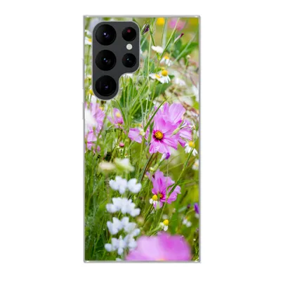 Produktbild von MuchoWow® Handyhülle Schutzhülle Hülle für Samsung Galaxy S22 Ultra Blumen - Natur - Grün - Gras - Lila - Weiß Silikon Softcase Handy Hülle - Abbildung