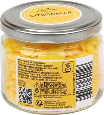 Produktbild von Citronella-Pastillen im Schraubglas Gelb mit Dochte und Dochthalter