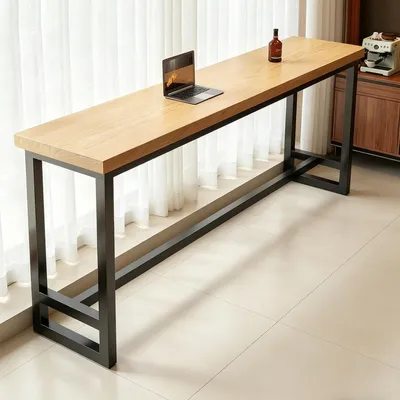 Obrázek produktu pro Barový stolek, úzký, s dřevěnou deskou a kovovou konstrukcí, přírodní dřevo, rozměry 100x30x104 cm