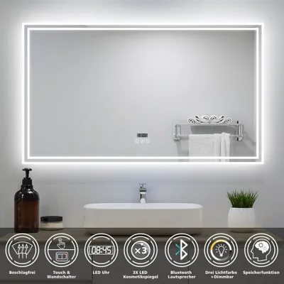 Produktbild von AICA LED Badspiegel 160x80cm mit Uhr Bluetooth Beschlagfrei Badezimmerspiegel 3 Lichtfarbe Kalt/Neutral/Warmweiß Dimmbar Memory-Funktion IP44